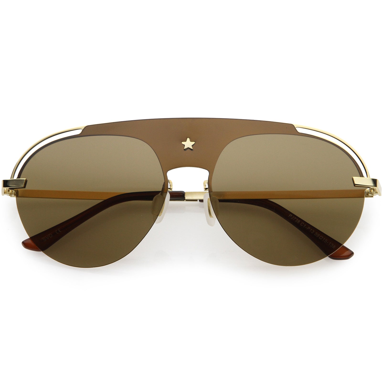 Classic Pilot Metal Brow Bar Star Detail Semi-Rimless Aviator Sunglasses 52mm Gold / Brown