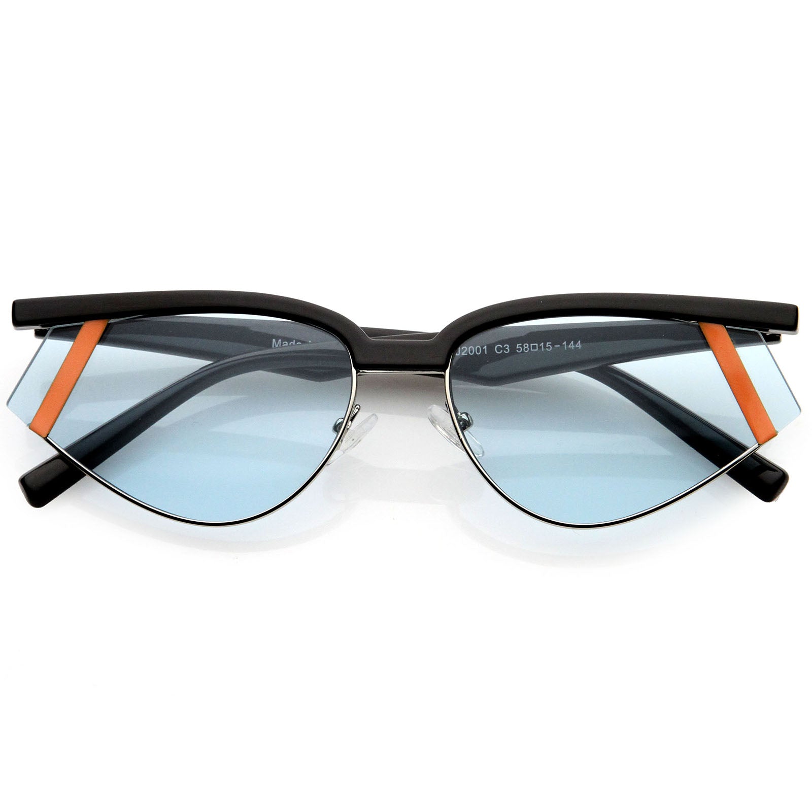 Fashion Forward Geometric Color Temple Detail Browline Cat Eye Sunglasses 65mm Black Orange / Light-Blue