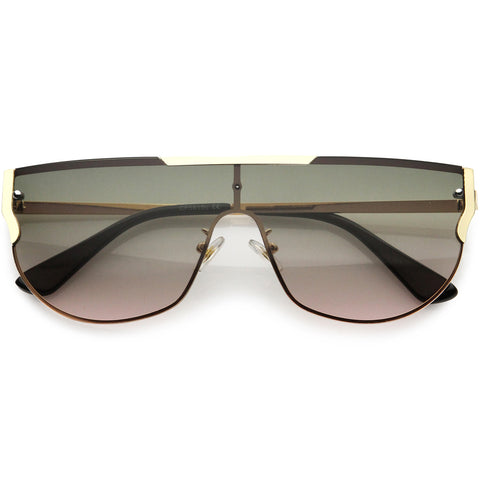 High Fashion Neutral Rounded Lens Flat Top Oversize Shield Sunglasses 68mm