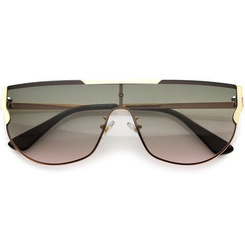 Posh Designer-Inspired Metal Trim Detail Flat Top Shield Sunglasses 67mm