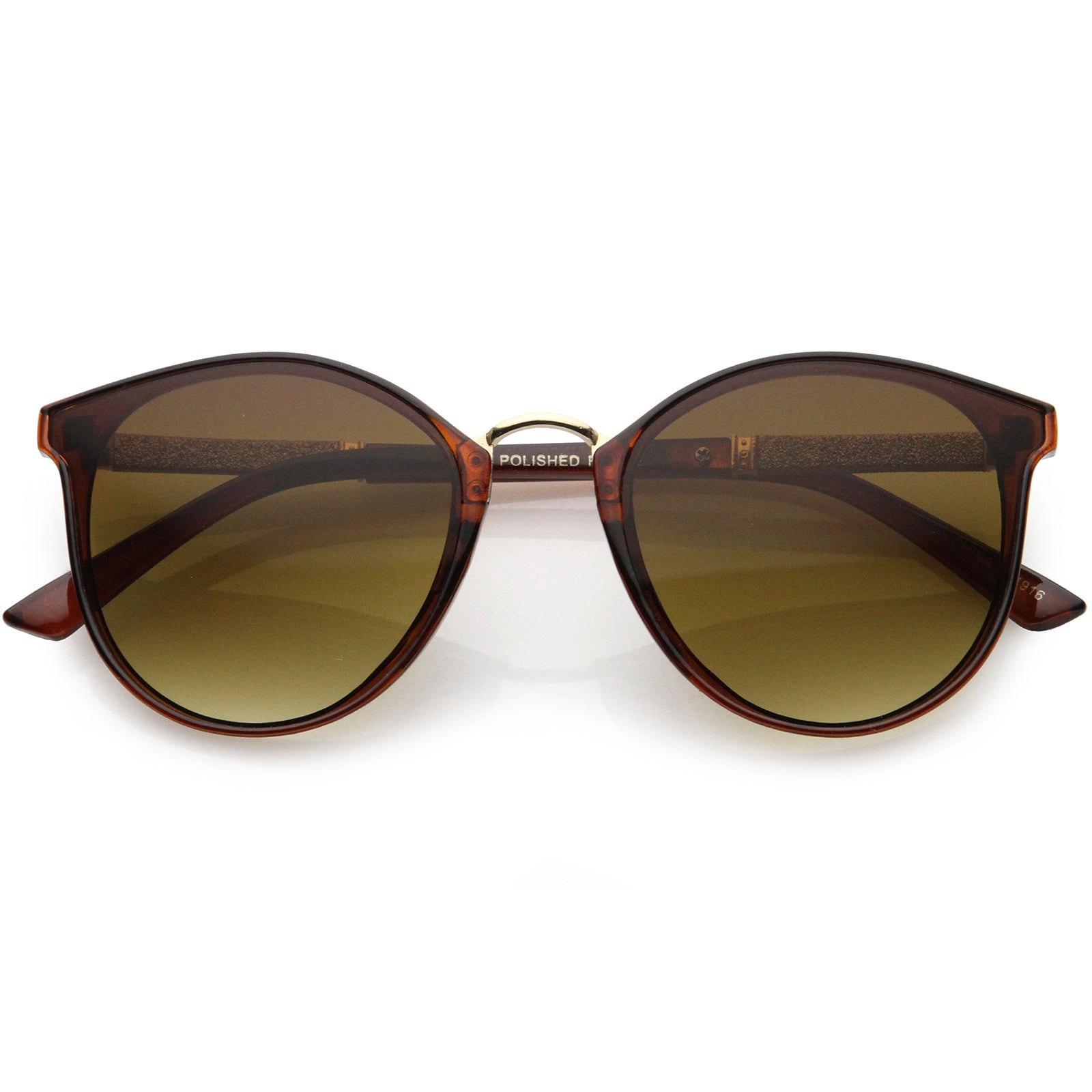 Flirty Two-Tone Glitter Arms Accent Chic Cat Eye P3 Round Sunglasses 50mm Gold Brown / Amber
