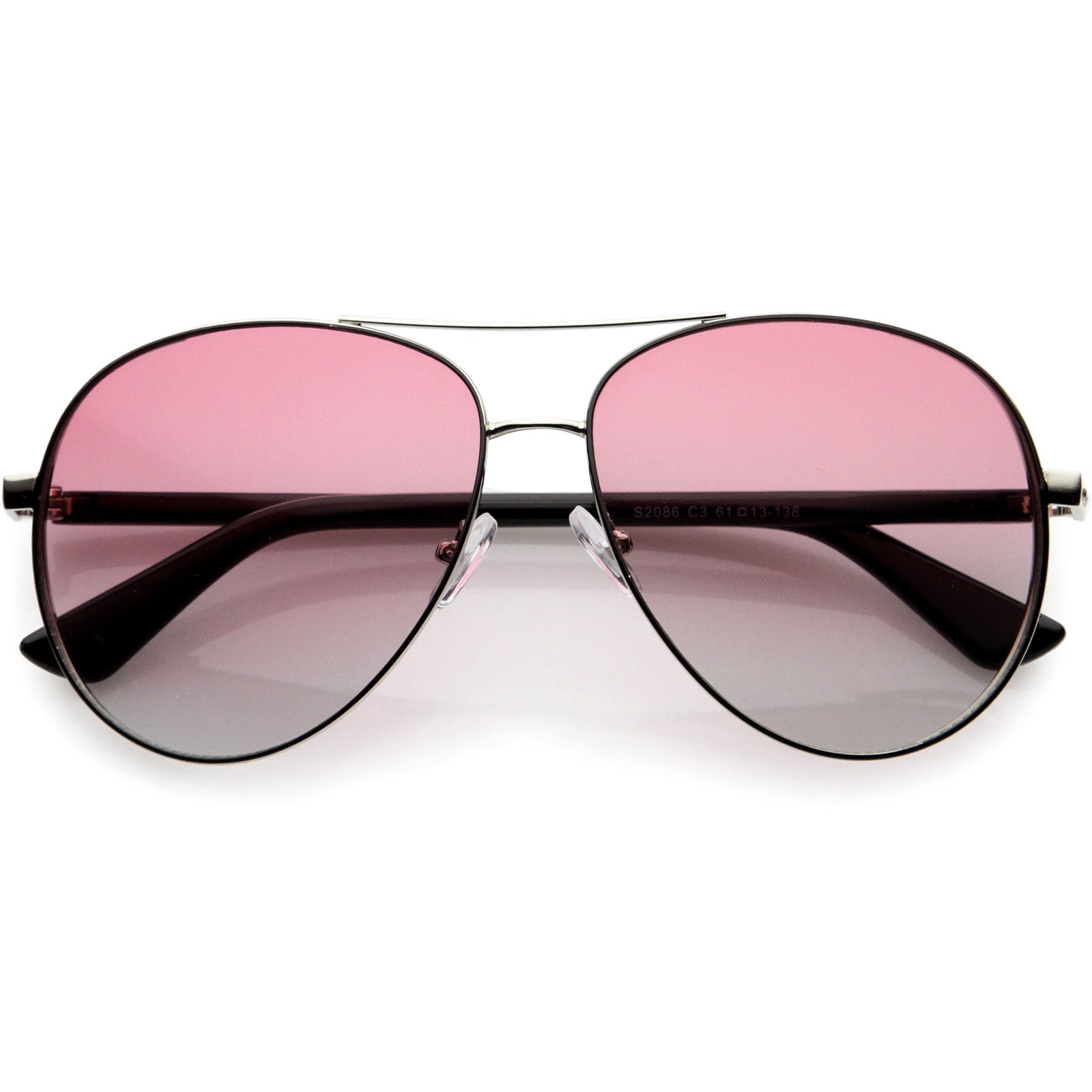 Oversize Pilot Two-Tone Double Metal Side Cover Cut Out Aviator Sunglasses 60mm Silver Black / Pink Smoke Fade