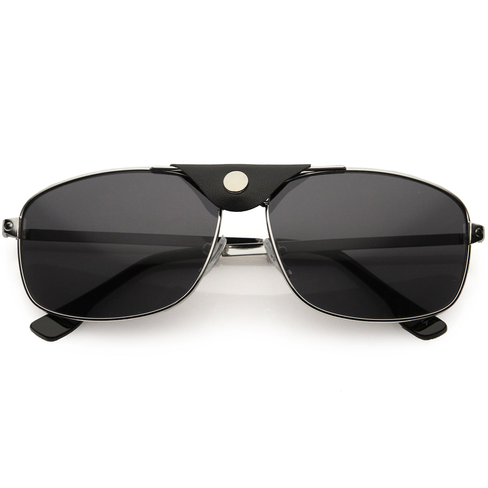 Button Snap Vegan Leather Strap Metal Crossbar Square Aviator Sunglasses 62mm Silver Black / Smoke