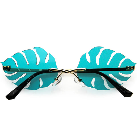 Tropical Palm Leaf Shape Cut-Out Rimless Color Tinted Leaves Sunglasses 60mm