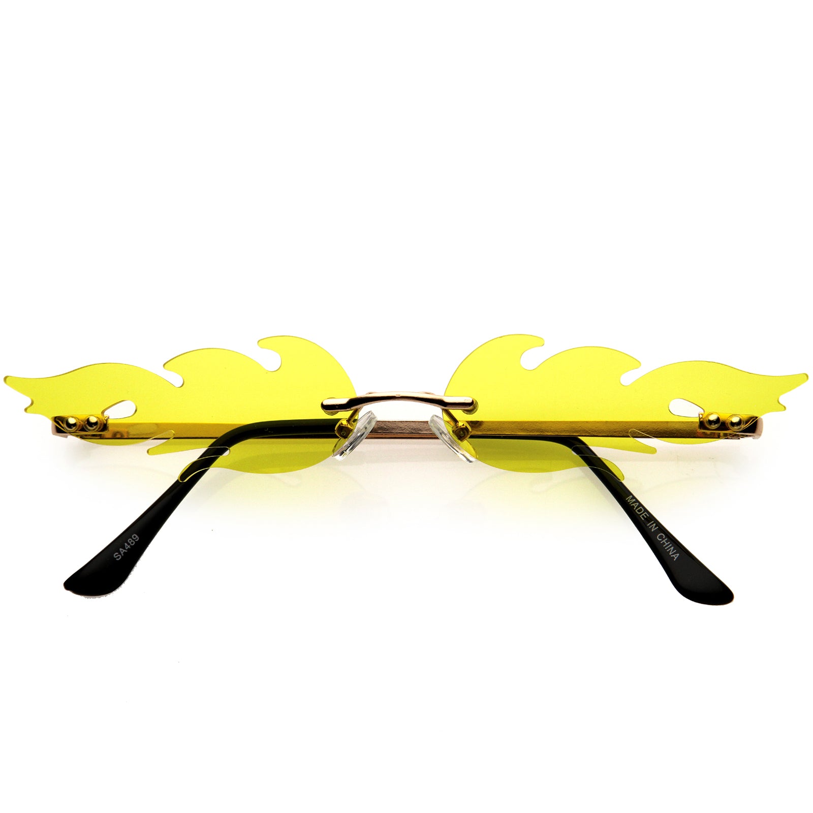 Bold Fire Flaming Shape Color Tinted Lens Rimless Flames Sunglasses 68mm Gold / Green