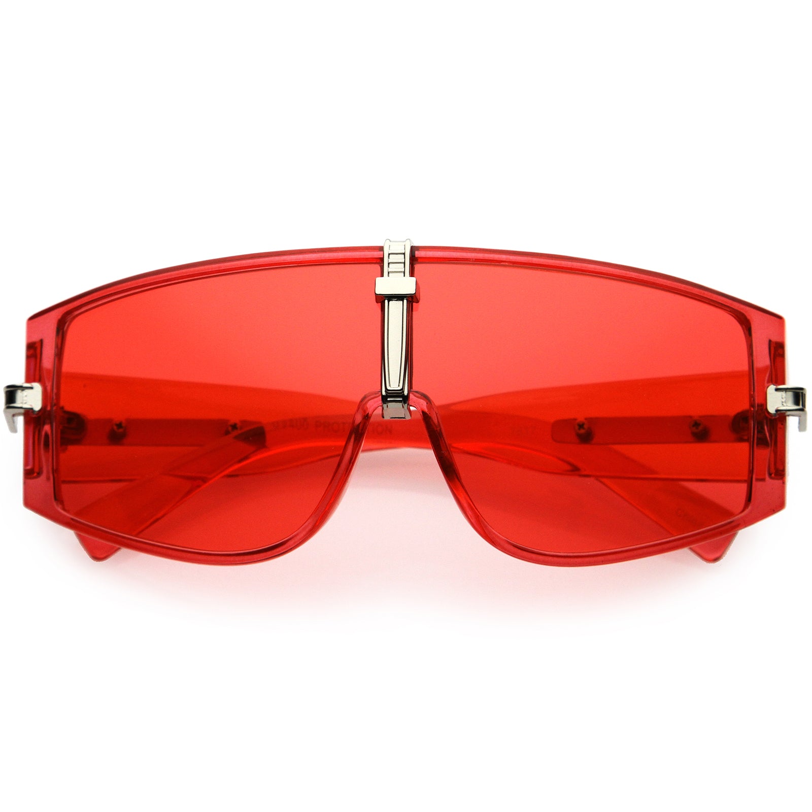Bold Curved Color Tinted Lens Premium Metal Accent Shield Sunglasses 62mm Silver / Red