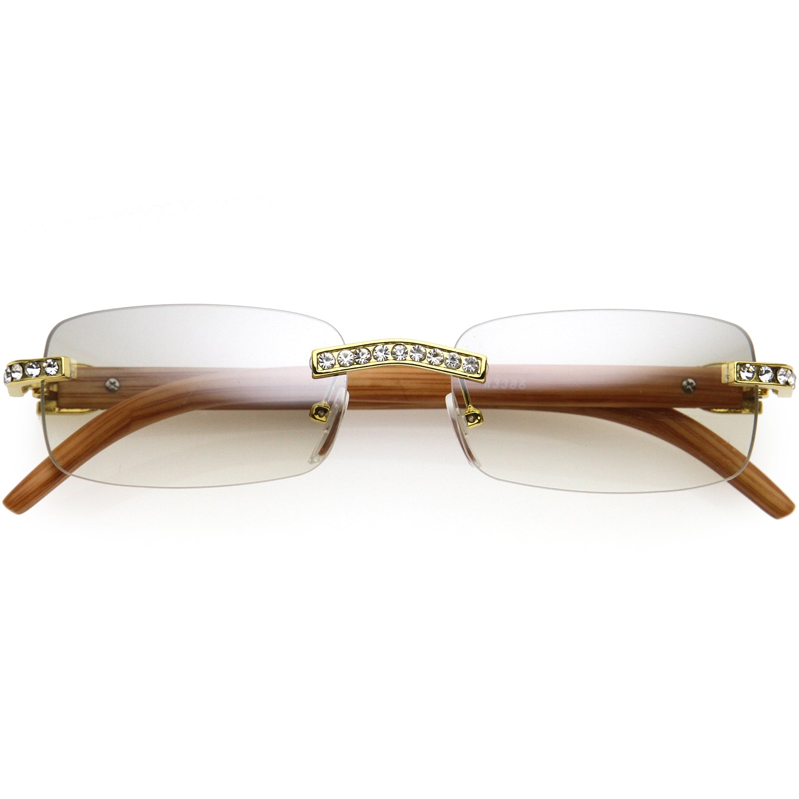 Premium Luxe Rhinestones Decorated Small Square Sunglasses 56mm Gold Wood / Clear Fade
