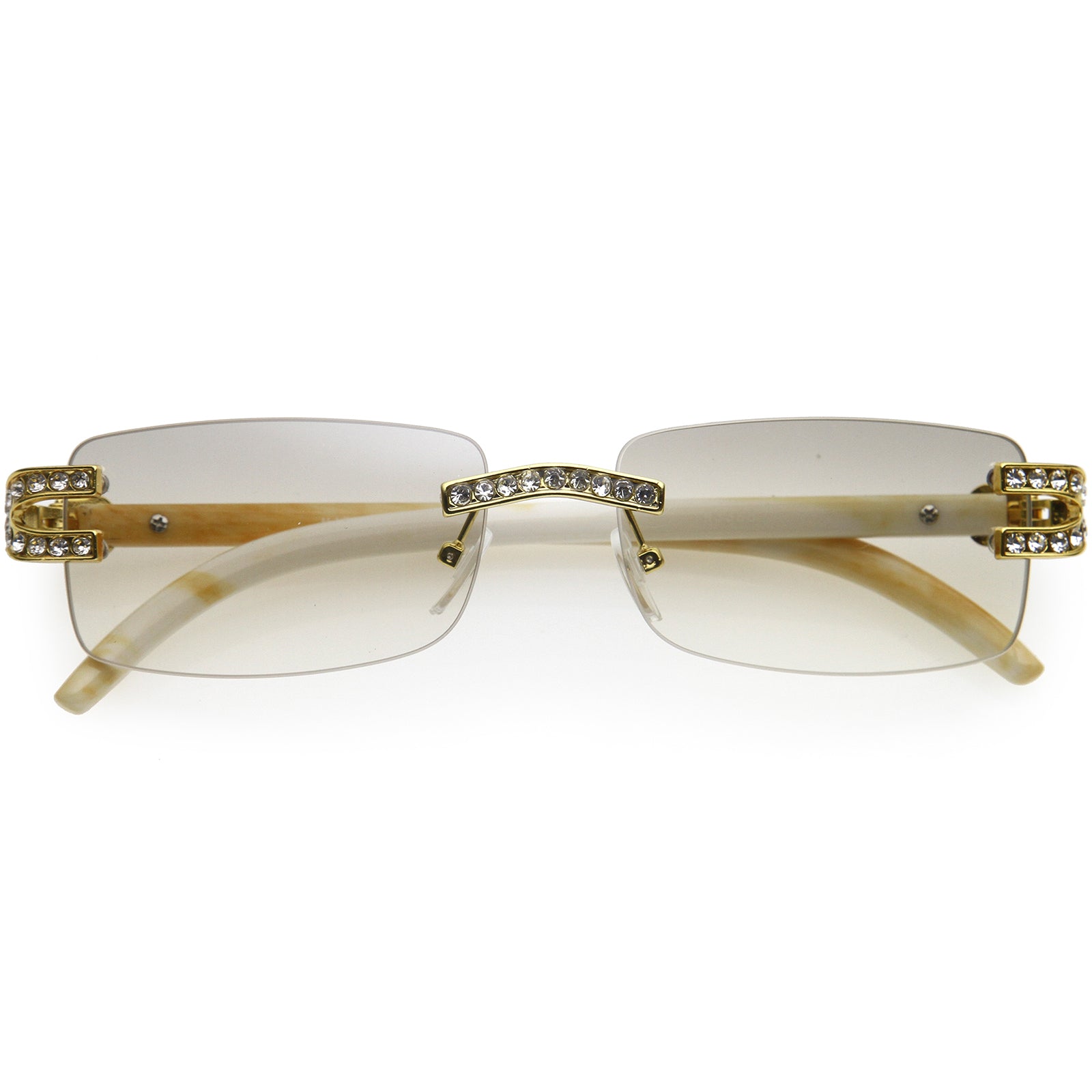 Double Rhinestones Decorated Premium Square Sunglasses 56mm Gold / Amber Fade