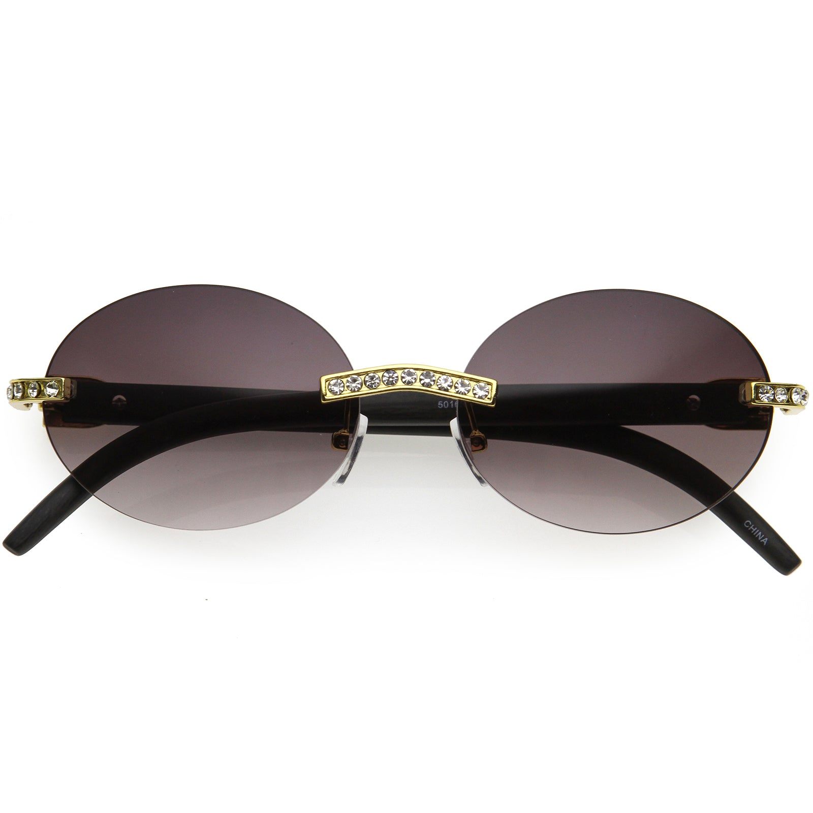 Retro Rhinestone Decorated 90s Inspired Rimless Oval Sunglasses 52mm Gold / Smoke